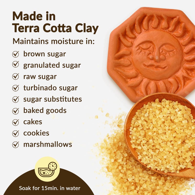 JBK Pottery Terracotta Brown Sugar Saver â€“ Handmade Terra Cotta Sugar Keeper with Decorative Discs â€“ Food-Safe Brown Sugar Keeper, Made in the USA - Sun - Image 3